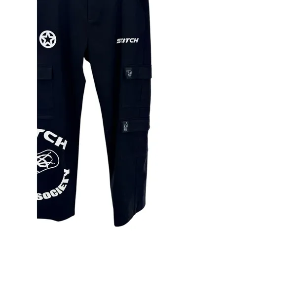 Y2K Graphic Cargo Pants Black Anime Skull Streetwear Alt Utility Rave Stitch L - Image 3