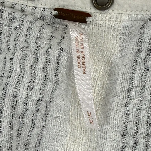 Free People White Grey Metallic‎ Striped Grommet Split Neck Blouse Top Womens M - Image 2