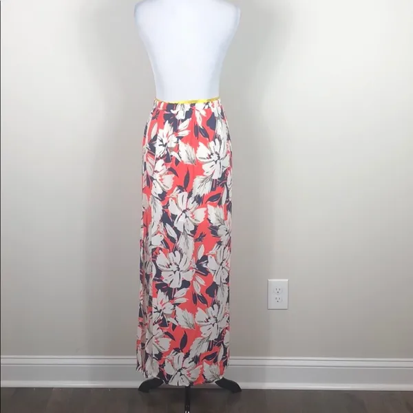 Floral Maxi Skirt Coral Navy High Waist Elastic Waist Side Slit Size Small - Image 7