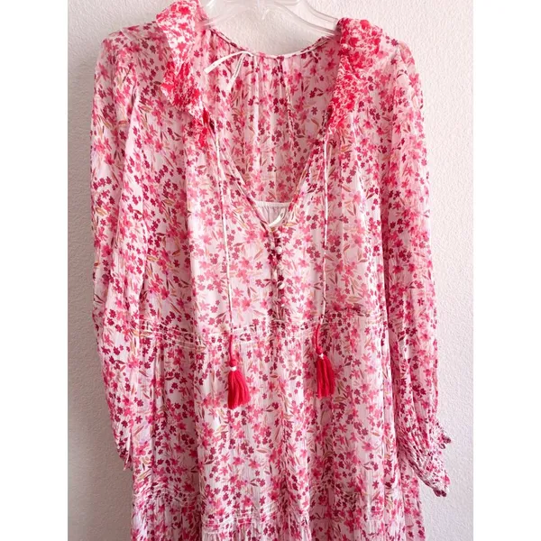 Anthropologie Marais Printed Chiffon Floral Maxi Dress Pink Boho Tassel S - Image 4