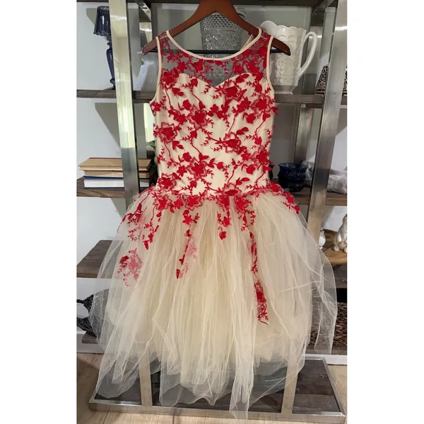 Red Floral Lace Tulle Dress Formal Party - Image 3