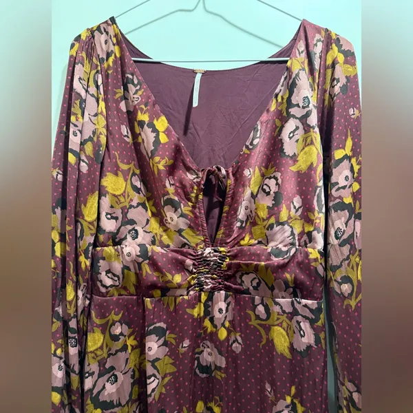 Free People Burgundy Floral‎ Long Sleeve Mini Dress Size 8 - Image 4