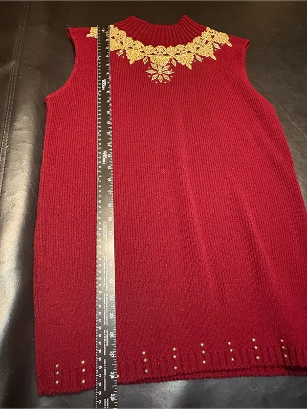 Vintage 80s 90s Burgundy Jeweled Sweater Vest Gold Applique Mock Neck USA OS - Image 9