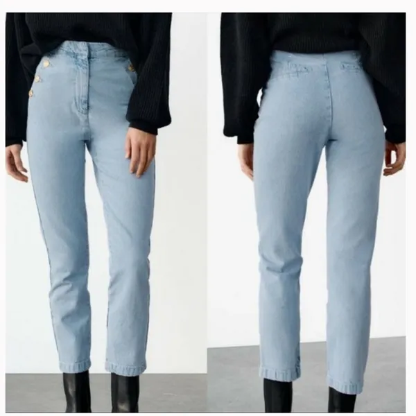Zara High Waisted Sailor Jeans Light Wash Blue Gold Button Slim Leg XS 6147/157 - Image 2
