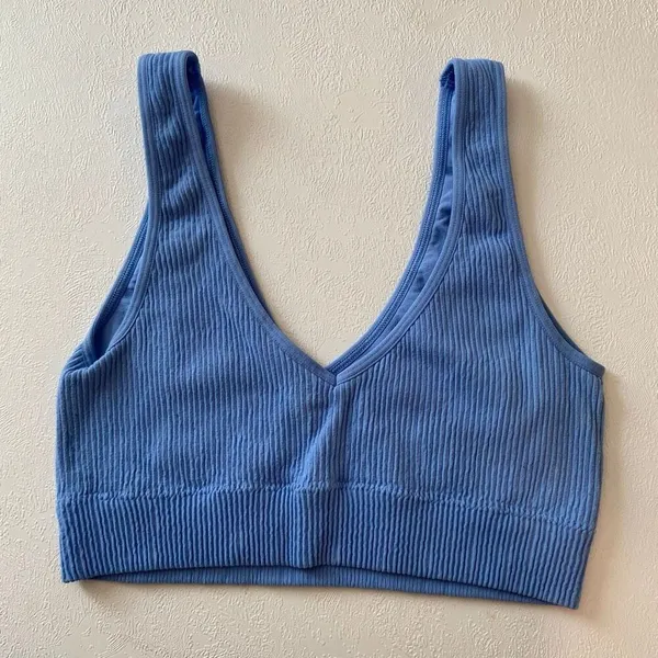 Aerie Real Good Blue Ribbed Longline Sports Bra Size L/G Low Impact Lounge - Image 3