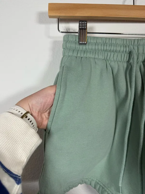 White Fox Sweat Shorts Sage Green Embroidered Logo Size XS Lounge - Image 5