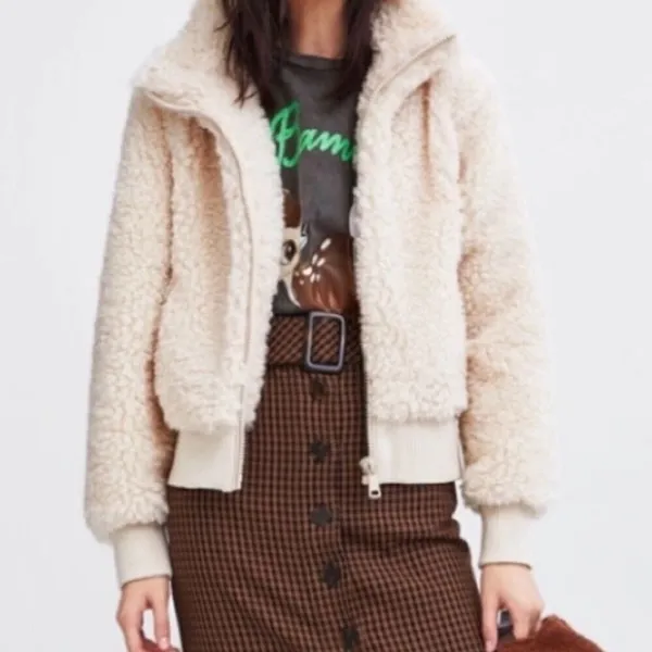 Zara TRF Ivory Cream Faux Fur Cropped Zip Up Sherpa Teddy Bomber Jacket Size S - Image 7