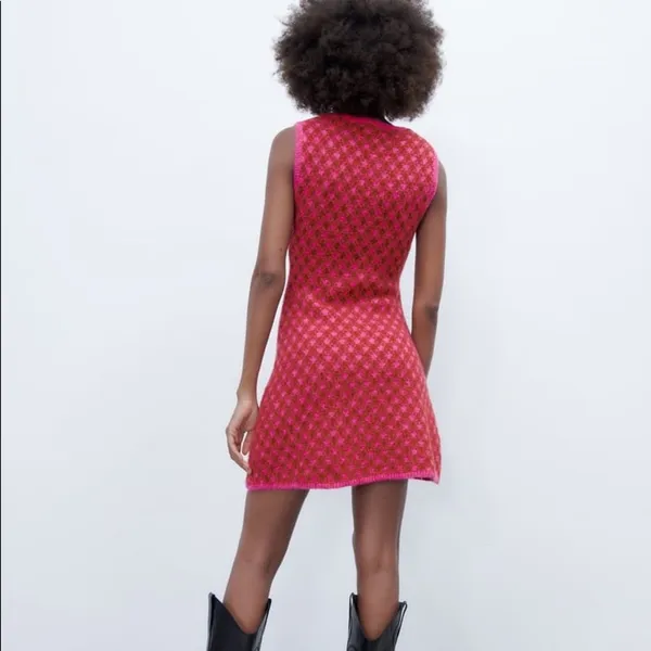 Zara PLAID KNIT Sleeveless Mini A-Line Dress w/ Round Neckline Size S Pink NEW - Image 12