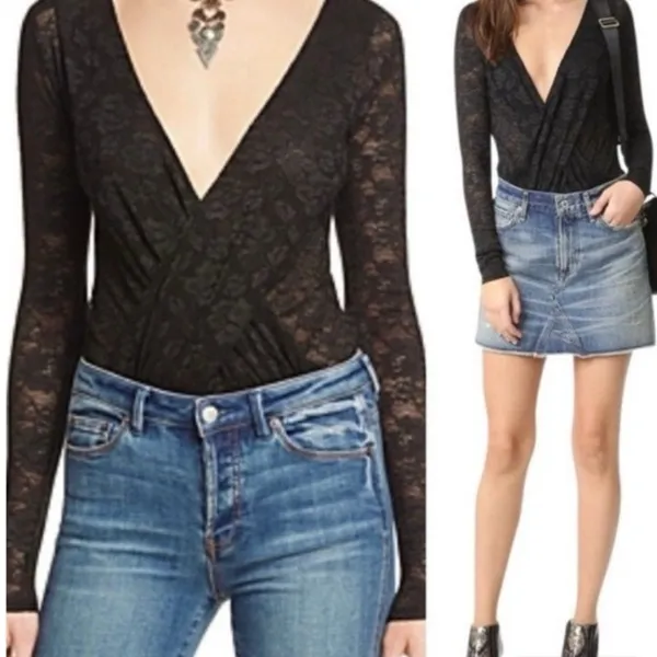 INTIMATELY FREE PEOPLE Women's Size XS Black V Neck Lace Bodysuit Top Vampy Goth - Image 13