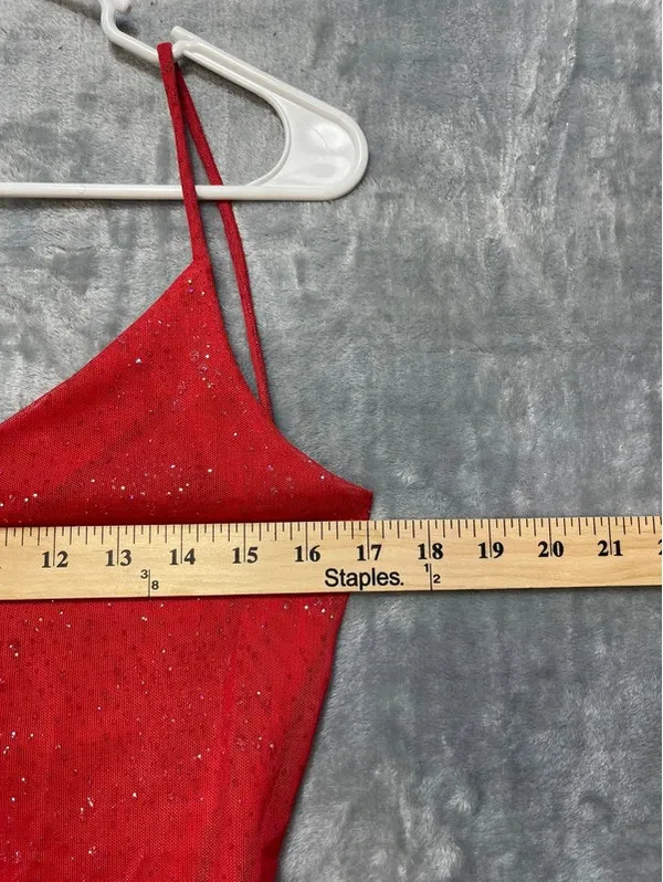 Morgan and Co Linda Bernell Vintage Red Glitter Asymmetrical Mesh Dress No Size - Image 5