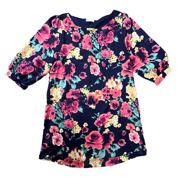 Everly Floral Shift‎ Dress Womens Medium Navy Blue Pink Elbow Sleeve Mini D5488 - Image 3