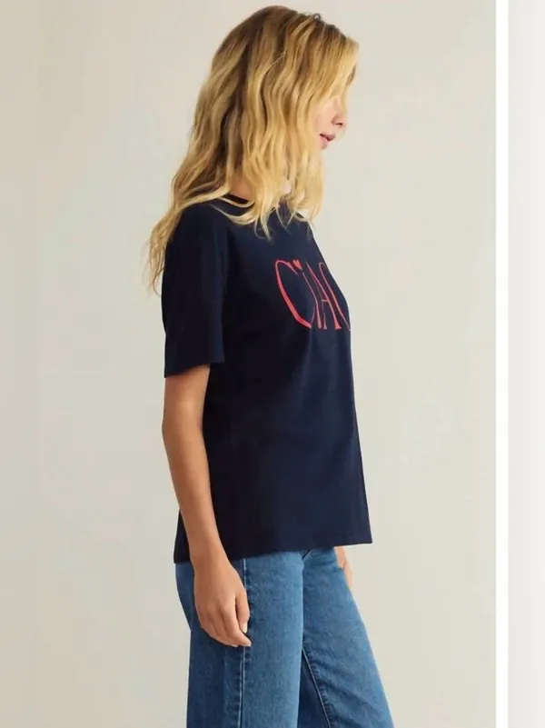 Z Supply Ciao Boyfriend Tee Navy Blue Red Eclipse Embroidered Size Medium - Image 2