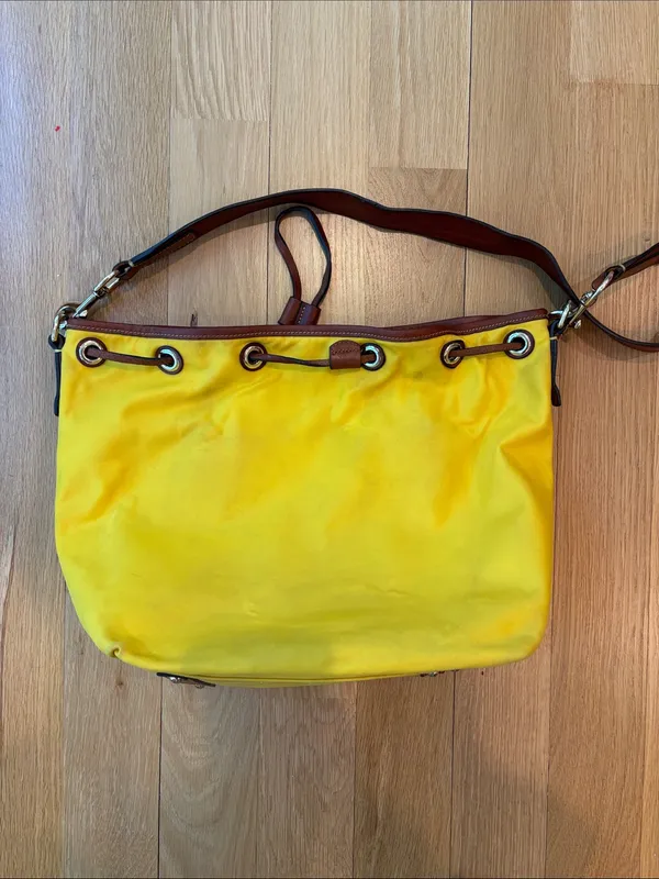 Vtg Dooney & Bourke Wayfarer Purse Yellow Nylon Leather Shoulder Bag - Image 5