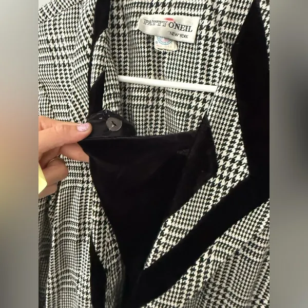 VTG Patty O’Neil Plaid Houndstooth Longline Coat Black White Pattern Size M 6 - Image 5