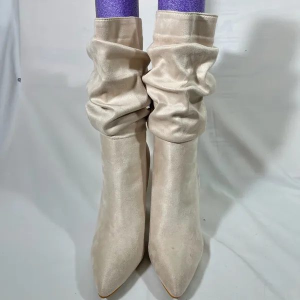 Suede Slouch Pull On Boots 4” Block Heel Womens Eu 42 Us‎ Sz 11 Ivory New - Image 2