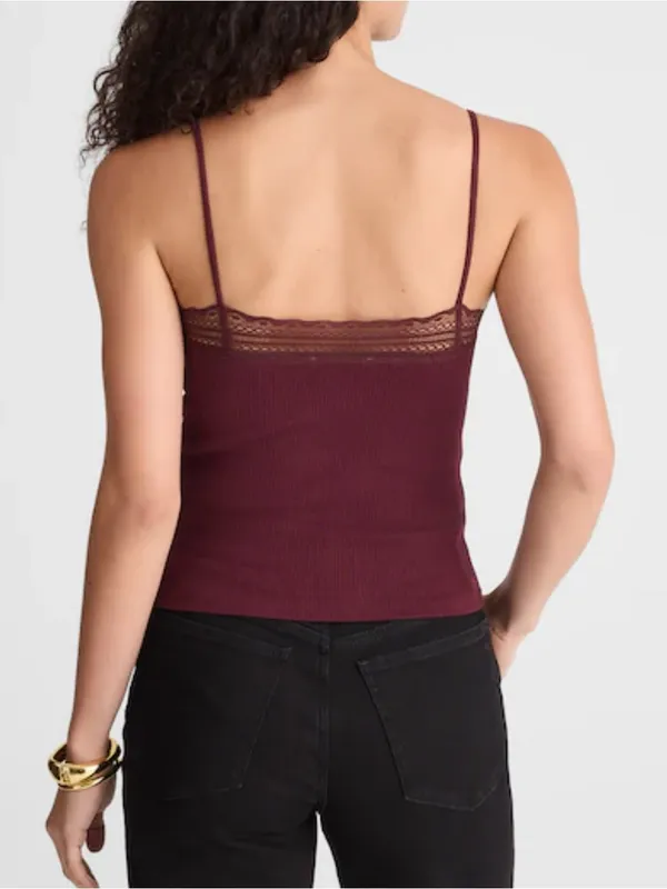 Madewell 90s Camisole Womens Small Ribbed Lace Spaghetti Strap Burgundy Top - Image 4