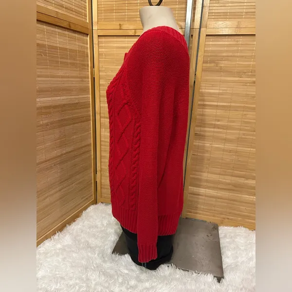 Ralph Lauren Chaps Sweater Women Red Chunky Cable Knit Fisherman Ribbed top M - Image 3