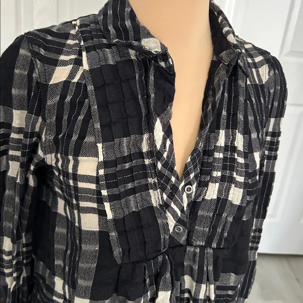 Free People Baby Blue Black Cream Plaid Button Up Tunic - Image 7