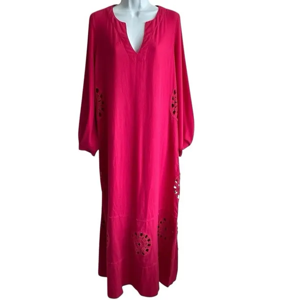 Young Fabulous & Broke Cape Code Pink Linen Maxi Dress M Eyelet Crochet Caftan - Image 2