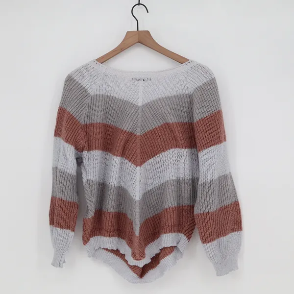 SHEIN Sweater Womens XL Chevron Striped Grey Terracotta Pointed Hem Excellent - Image 4