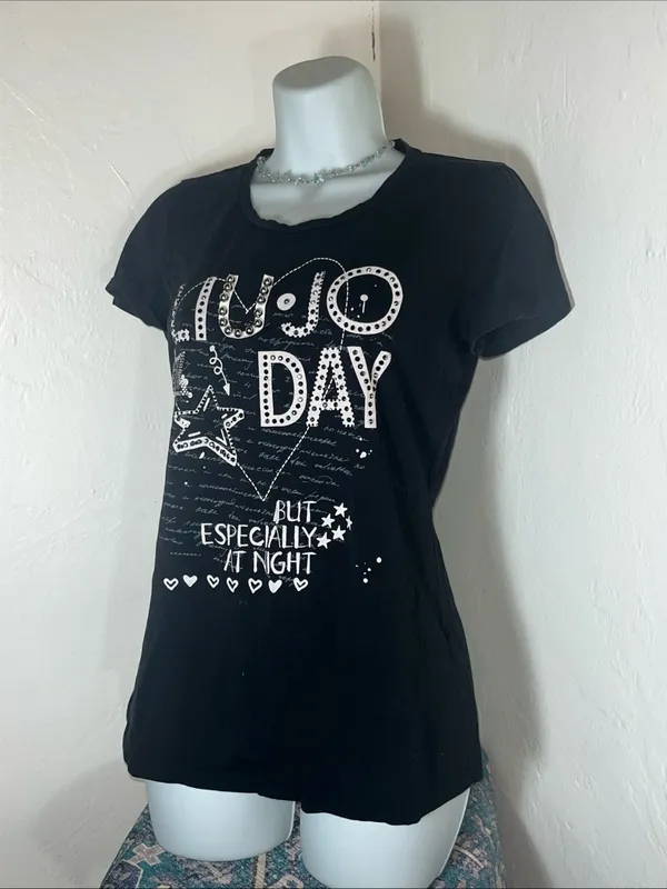 Liu Jo Black Graphic Tee with White Star & Text Design small - Image 3