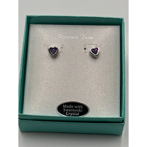 Heart Stud Earrings Swarovski Crystal Purple Platinum Tone Boxed Gift Jewelry - Image 2