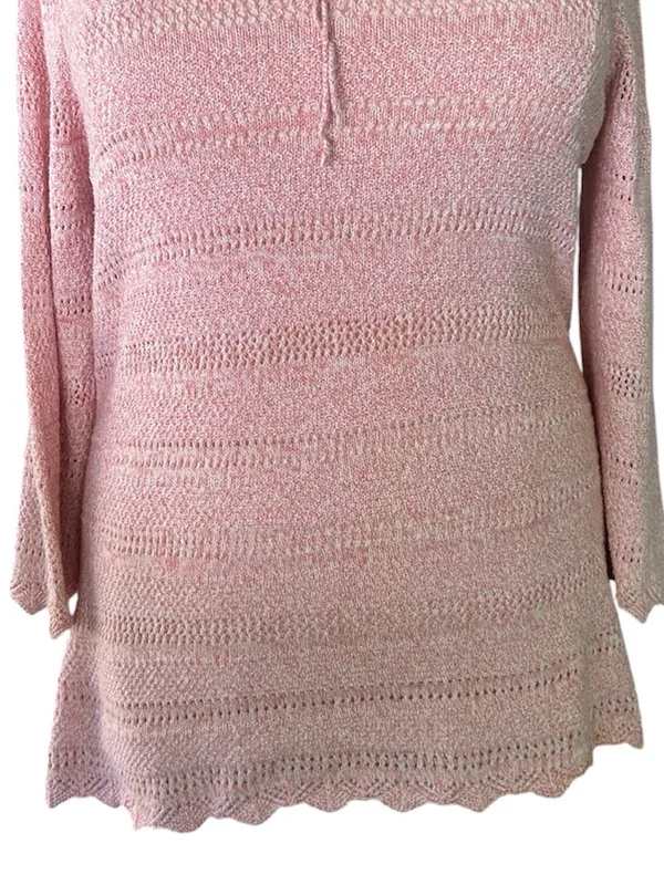 Denim & Company Light Pink Knit Tie-Neck Pointelle Sweater Size Large - Image 5