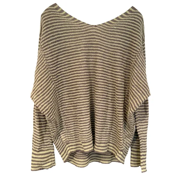 Free People Bumblebee V-Neck Striped Sweater‎ Women's L Green Gray Boho Hippie - Image 8