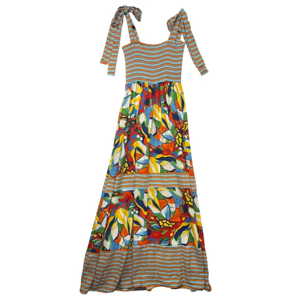 Bucketlist Abstract Floral Smocked Maxi Dress Small Multicolor Tie Strap‎ D4142 - Image 7