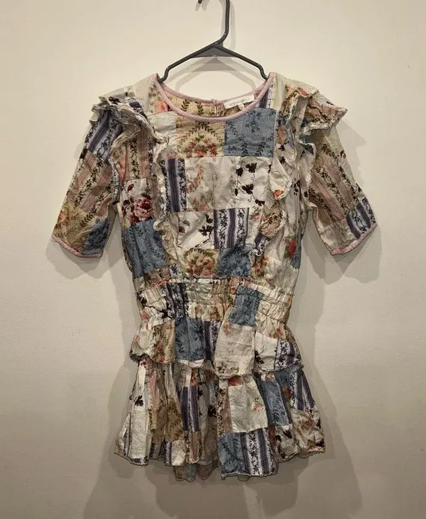 Loveshackfancy Pink and Floral Cotton Patchwork Natasha Ruffle Mini Dress medium - Image 2
