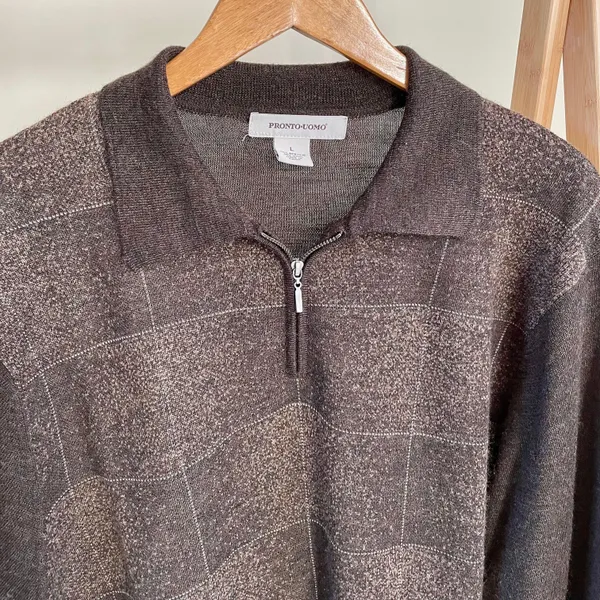 Vintage Checkered Grid Print Speckled Polo Neck Collared Quarter Zip Sweater in Chocolate Brown - Image 3