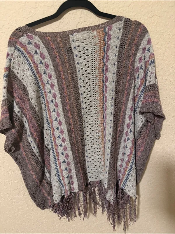 Easel Boho Knit Fringe Sweater Poncho - Neutral Stripe oversized small - Image 3