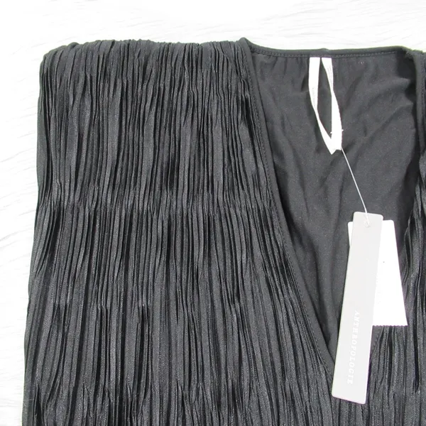 By ANTHROPOLOGIE Black Ruched V-Neck Side Slits Midi Dress Plissé Finish Size XS - Image 9
