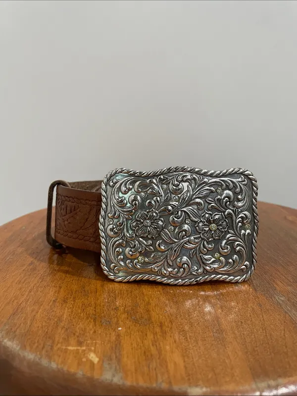 Vintage Guess Leather Belt Western Floral Engraved Silver Plate Buckle Size M - Image 2