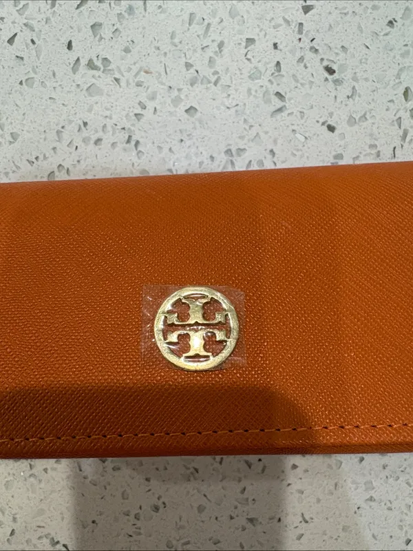 Tory Burch Orange Saffiano Leather Cosmetic Case with Gold Logo - Image 4