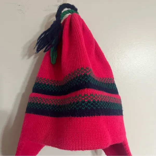 Hi-Line Knits 100% Wool Winter Hat‎ Tassles On Top + Ear Cover Bright Pink - Image 2