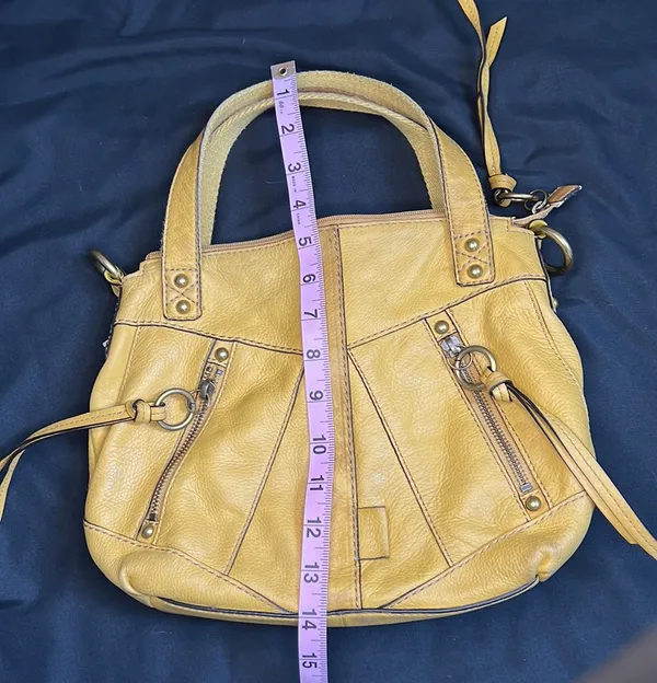 Fossil Mustard Yellow Double Strap Distressed Leather Satchel Purse - Image 9