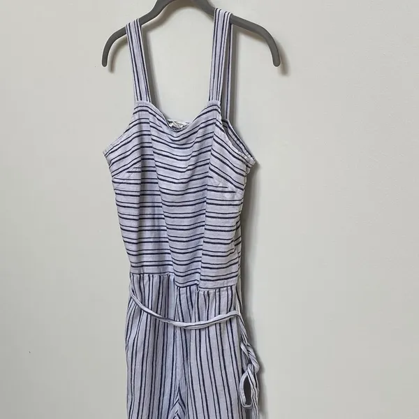 Beach Lunch Lounge Blue White Stripe Linen Blend Cropped Jumpsuit S‎ - Image 5