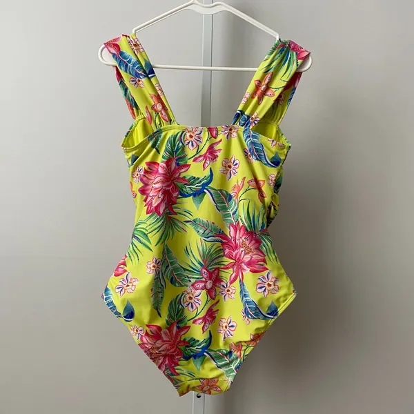 Caribbean Joe L Yellow One Piece‎ Swimsuit Floral Tropical Ruched Swimwear - Image 5