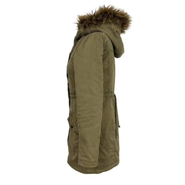 Hollister Women's Olive Green Faux Fur‎ Hood Cotton Parka Jacket Size S Y2K - Image 2