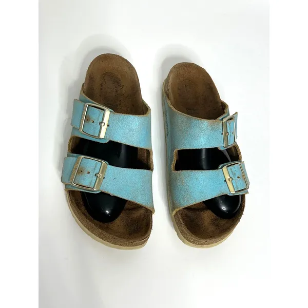Birkenstock Arizona Washed Metallic Aqua Blue Leather Sandals Size EU 39 US 8 - Image 5