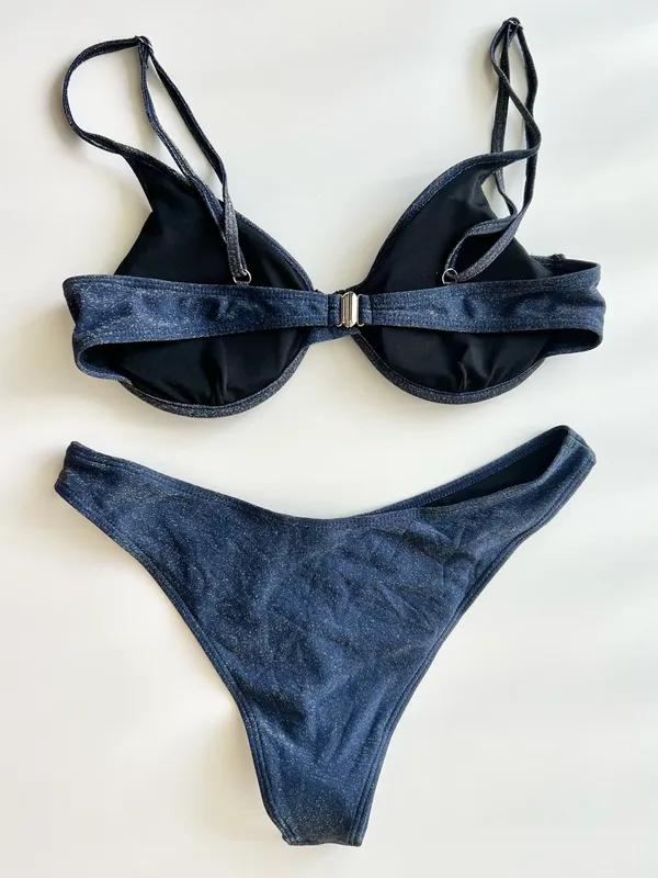 NWOT Navy Blue Shimmer Metallic Glitter Underwire Bikini Bathing Suit Set L - Image 9