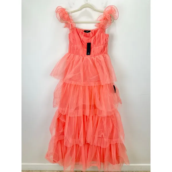 Lulus Tulle For Love Coral Pink Mesh Tulle Tiered Ruffled Maxi Dress Medium NWT - Image 5