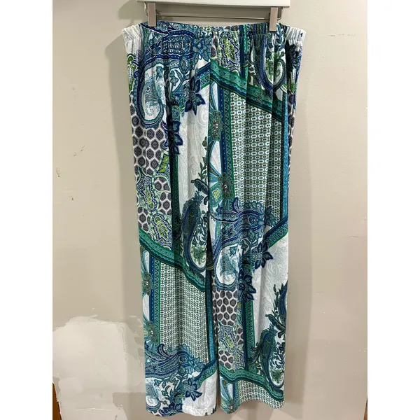 Chicos Blue Green Paisley Wide Leg Pull On Pants Size 2 XL Stretch Jersey Knit - Image 2