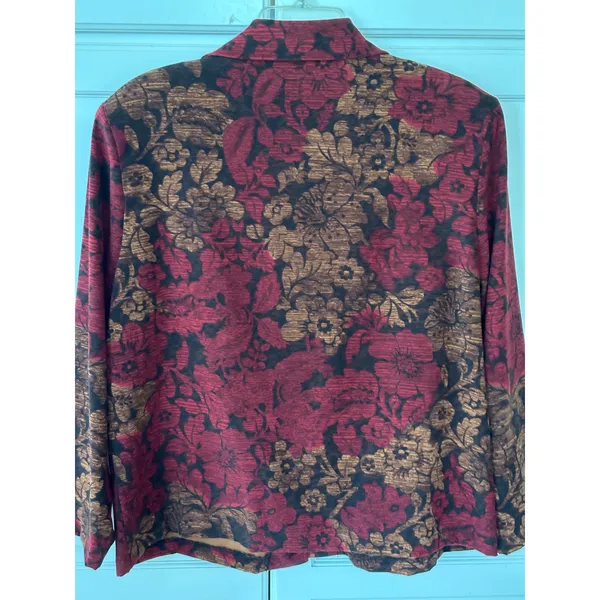 Briggs New York Floral Tapestry Print‎ Button Front Jacket Burgundy Brown Large - Image 5