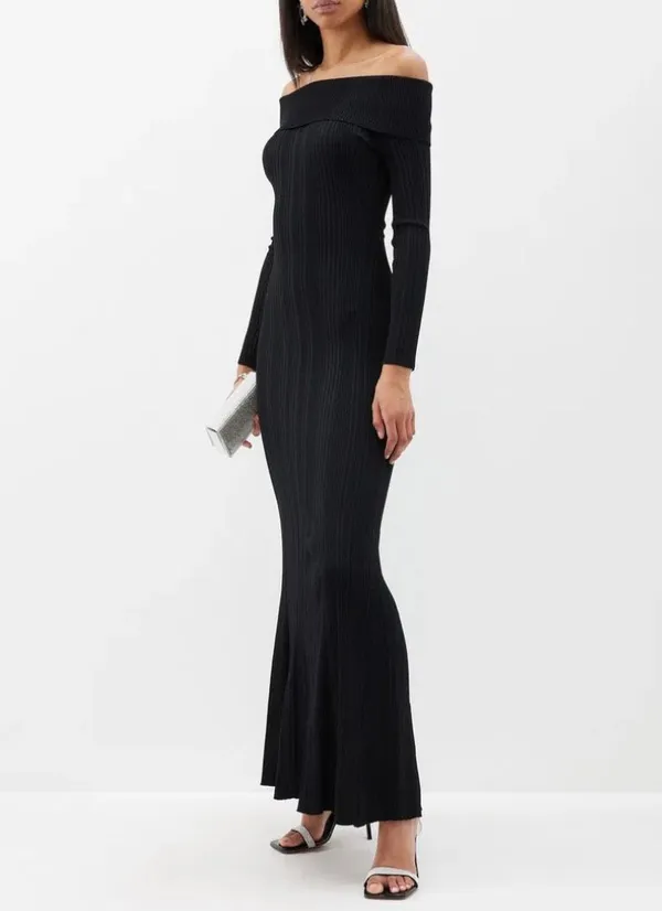 Self-Portrait Off The-Shoulder Ribbed-Knit Maxi Dress Size XL Black - Image 2