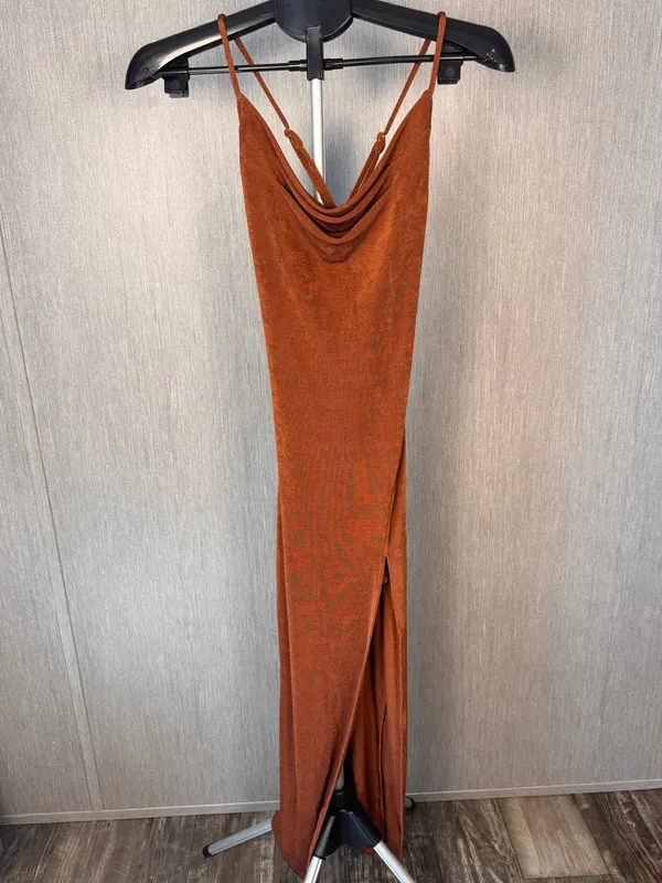 Cowl-Neck Midi Slip Dress in Rust Brown - Image 7