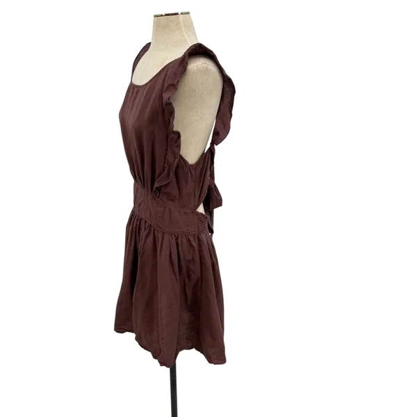 Free People Erin Ruffled Mini Dress Cut Out Back Linen Brown Size Large - Image 7