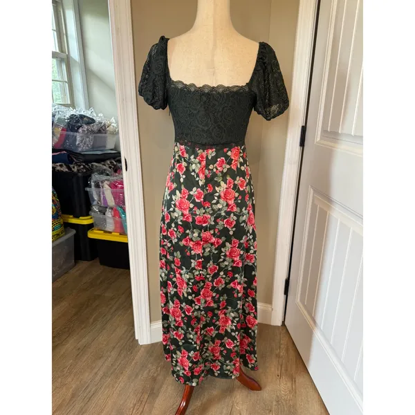 Altar'd State Green Floral Lace Maxi Dress Puff Sleeve Rose Print Small - Image 2
