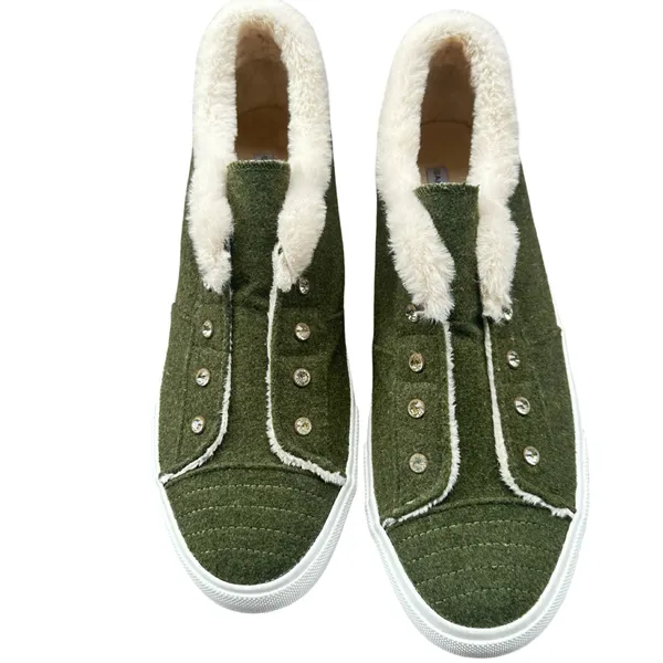 Isaac Mizrahi Live Size 12 Olive Faux Fur Crystal Fashion Sneakers - Image 10